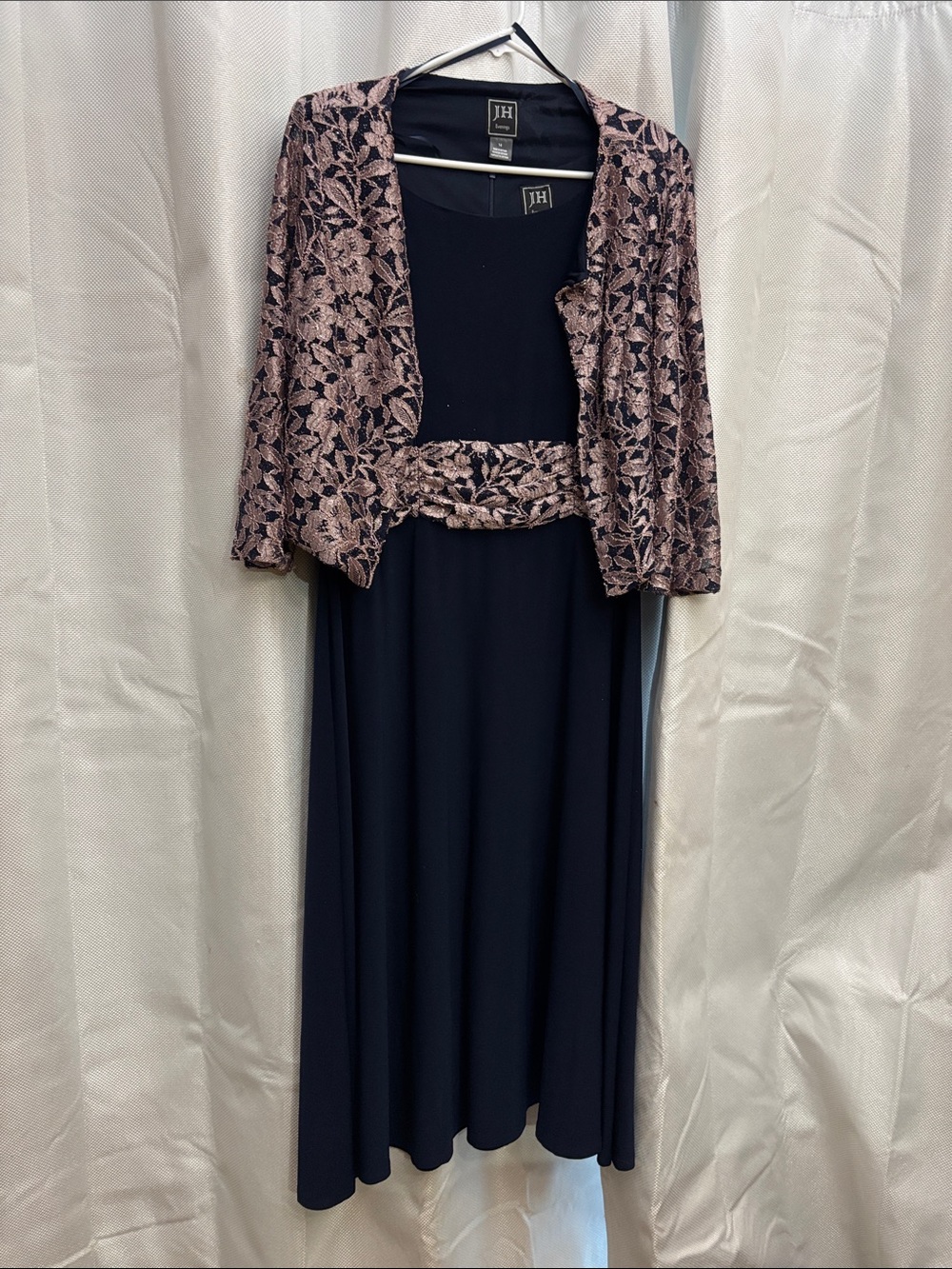JH Navy Midi Dress with Rose Gold Lace Jacket